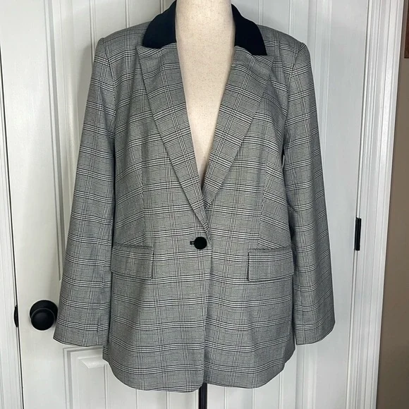 Tall Plaid Velvet Collar Long Modern Blazer Sz 14 - Picture 3 of 13
